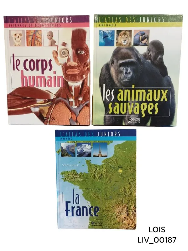 3 livres : l’atlas des juniors : La France, Les animaux sauvages et le corps humain