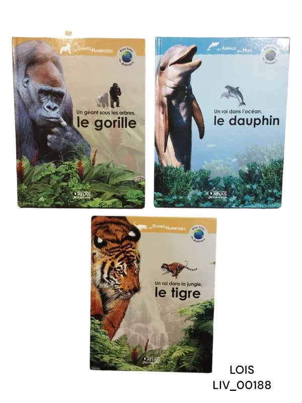 3 livres : l’atlas des juniors des animaux : Le gorille, le dauphin et le tigre
