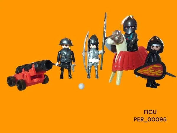 4 chevaliers Playmobils, canon, cheval